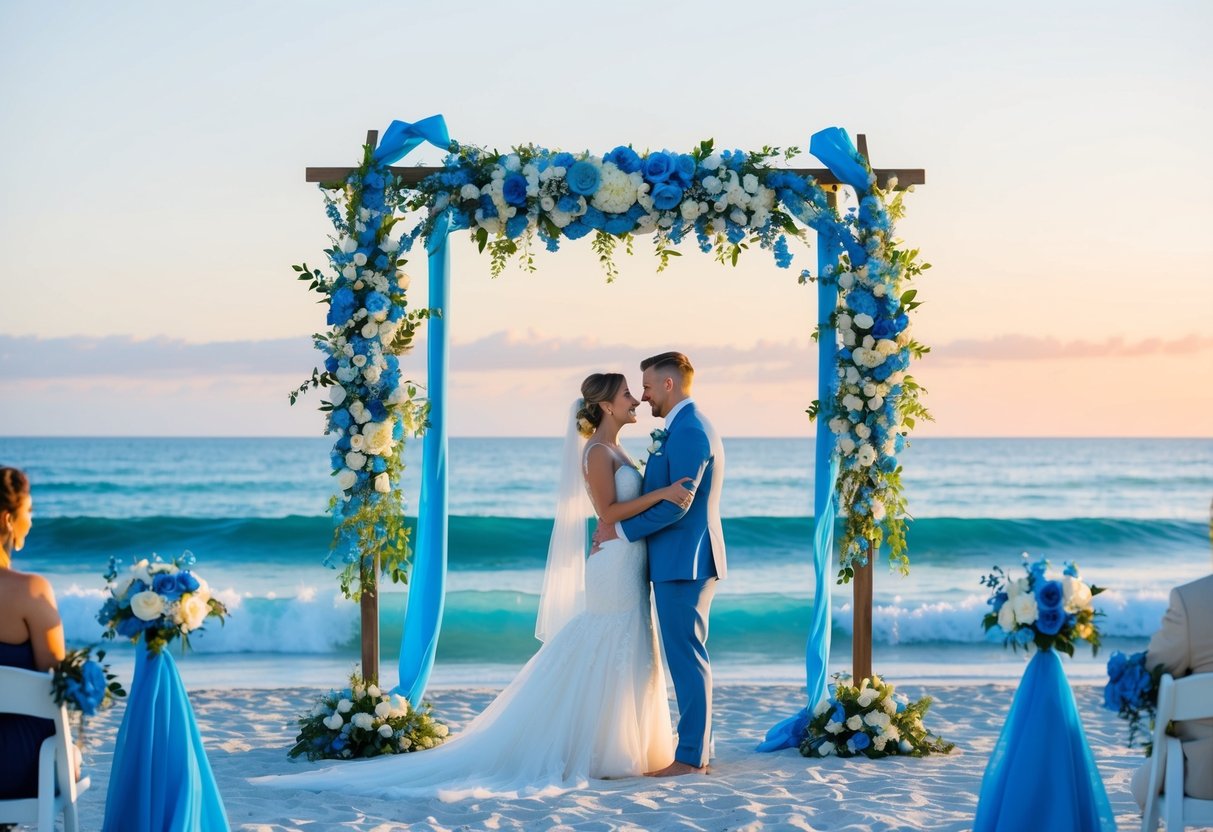 A serene beach wedding at sunset, with blue decor, flowers, and attire. The bride and groom stand under a blue floral arch, surrounded by azure ocean waves