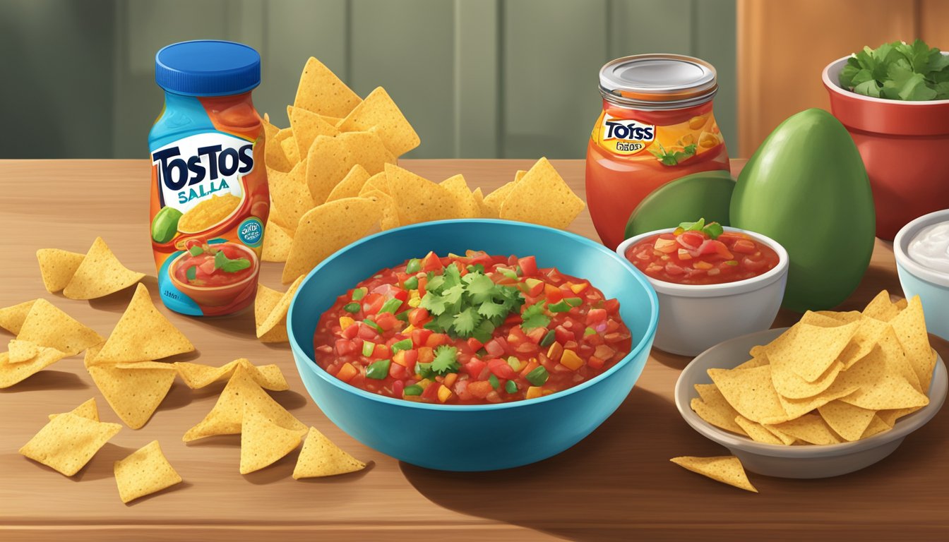 A jar of Tostitos Chunky Salsa sits on a kitchen counter, surrounded by colorful tortilla chips and a bowl. The salsa is untouched, indicating its freshness