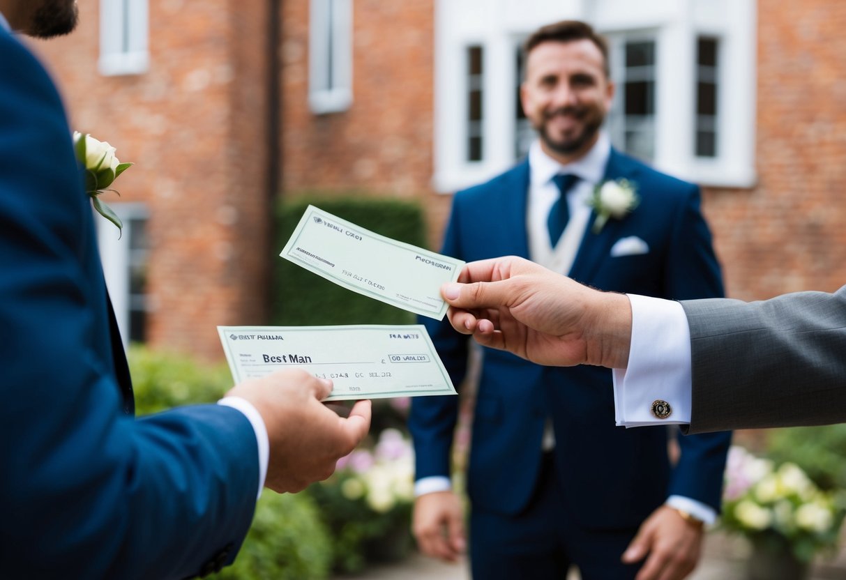 A best man handing over a check or cash to cover expenses for the groom's bachelor party or wedding attire