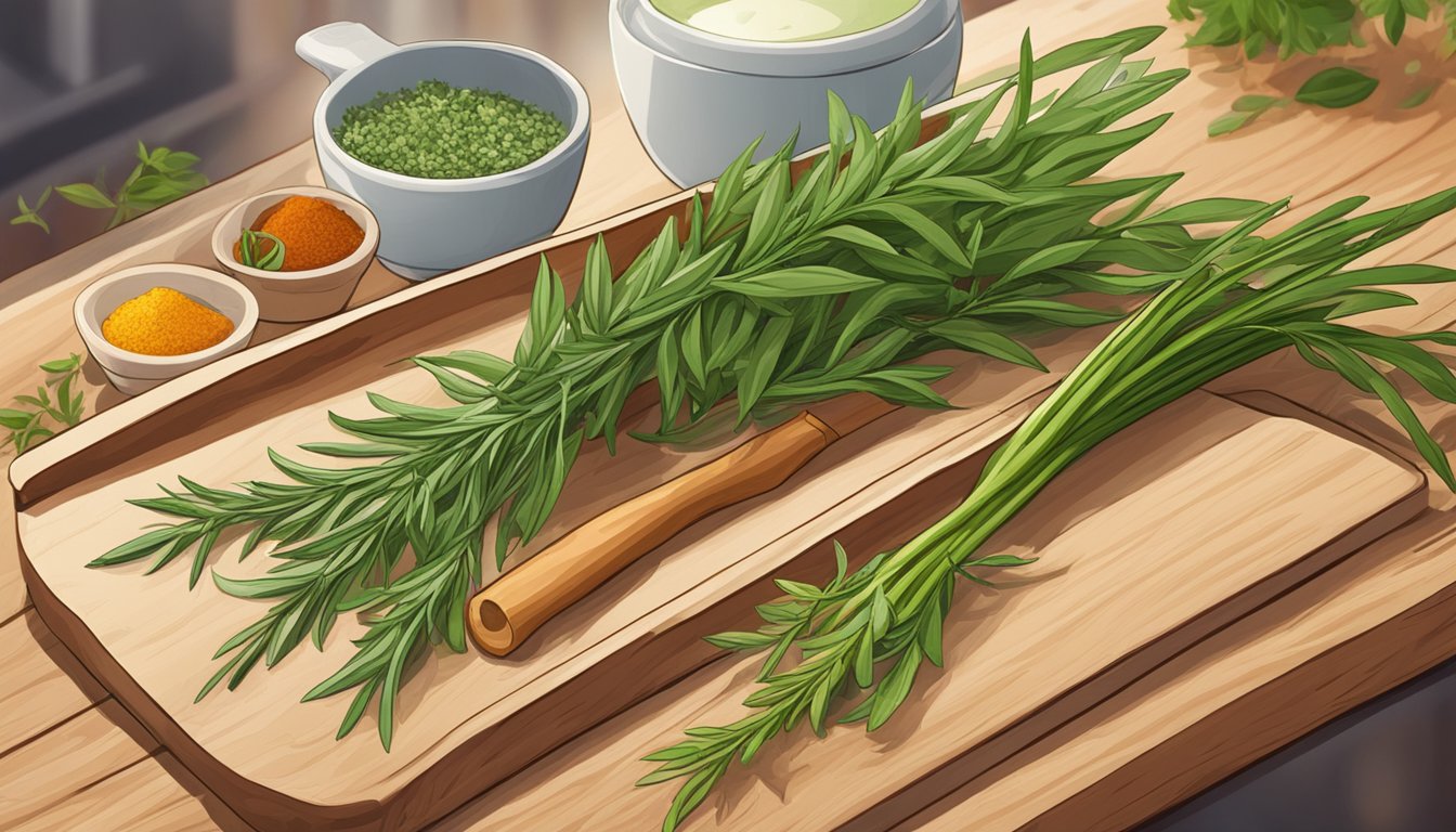 A sprig of tarragon sits on a wooden cutting board, surrounded by fresh herbs and spices. A calendar on the wall shows the current date