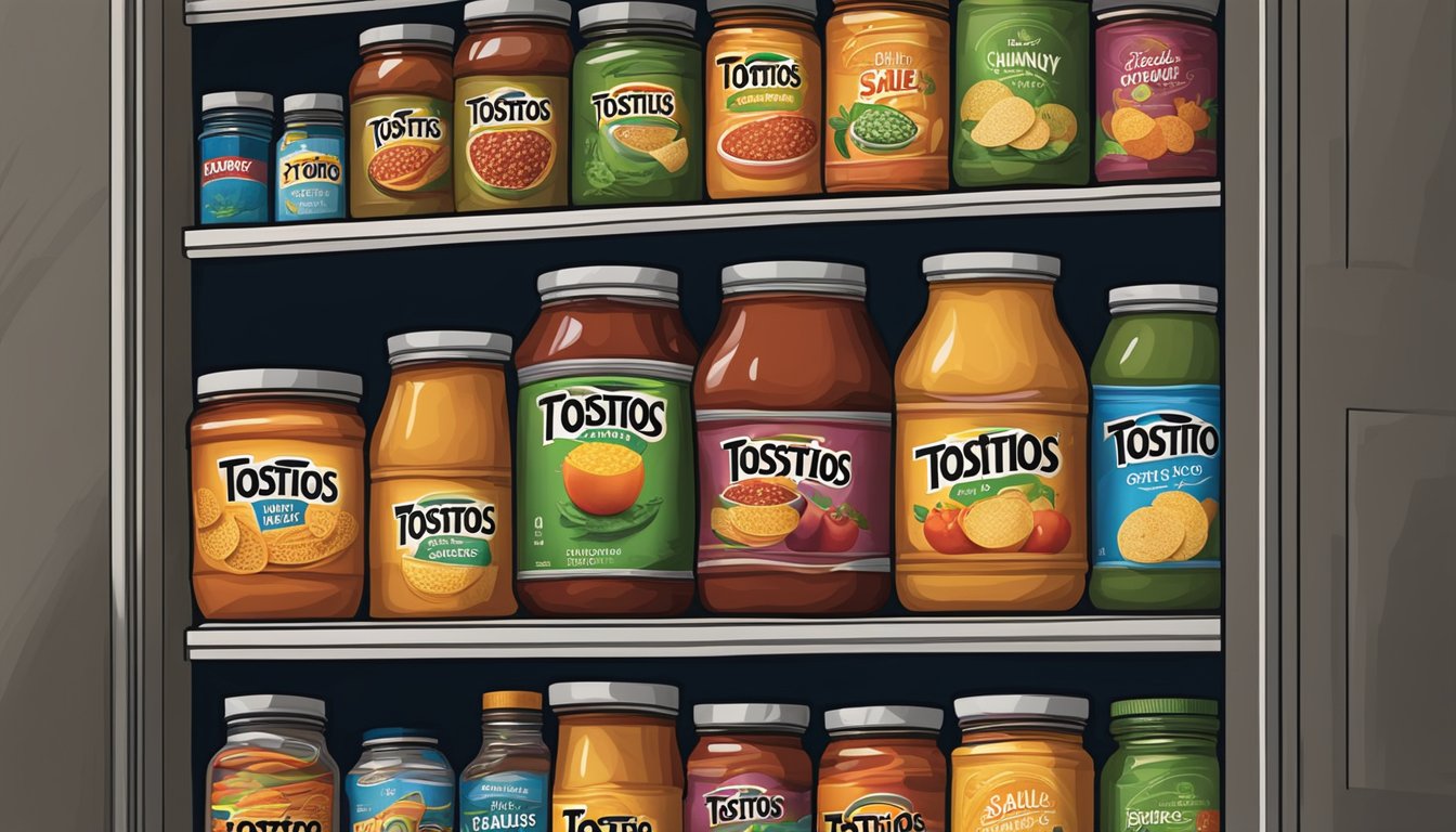 A jar of Tostitos Chunky Salsa sits on a shelf in a cool, dark pantry, surrounded by other canned and jarred goods