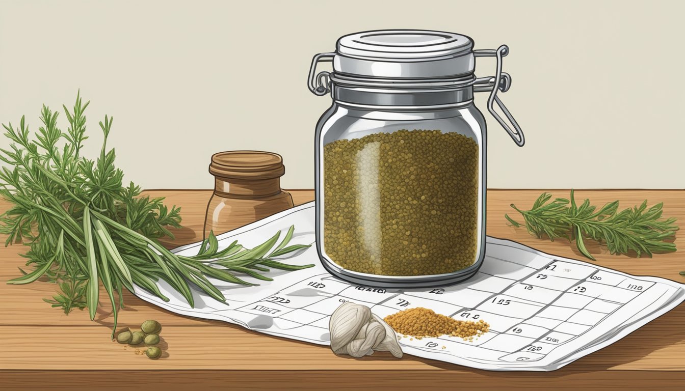 A jar of tarragon sits next to various other spices, with a calendar in the background marking the passage of time