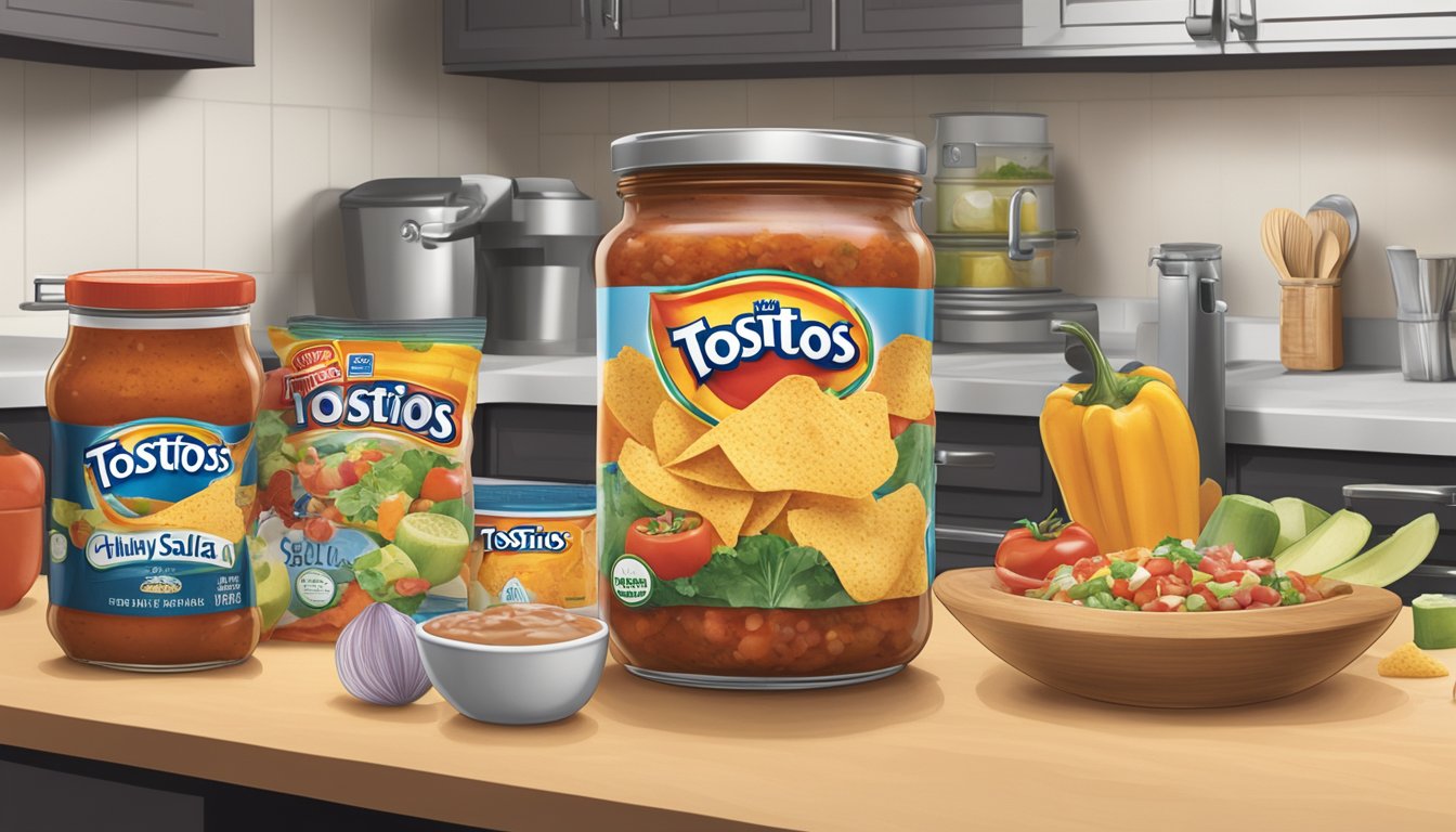 A jar of Tostitos Chunky Salsa sits on a kitchen counter, surrounded by various food items. The lid is slightly ajar, and the salsa inside appears to have developed mold