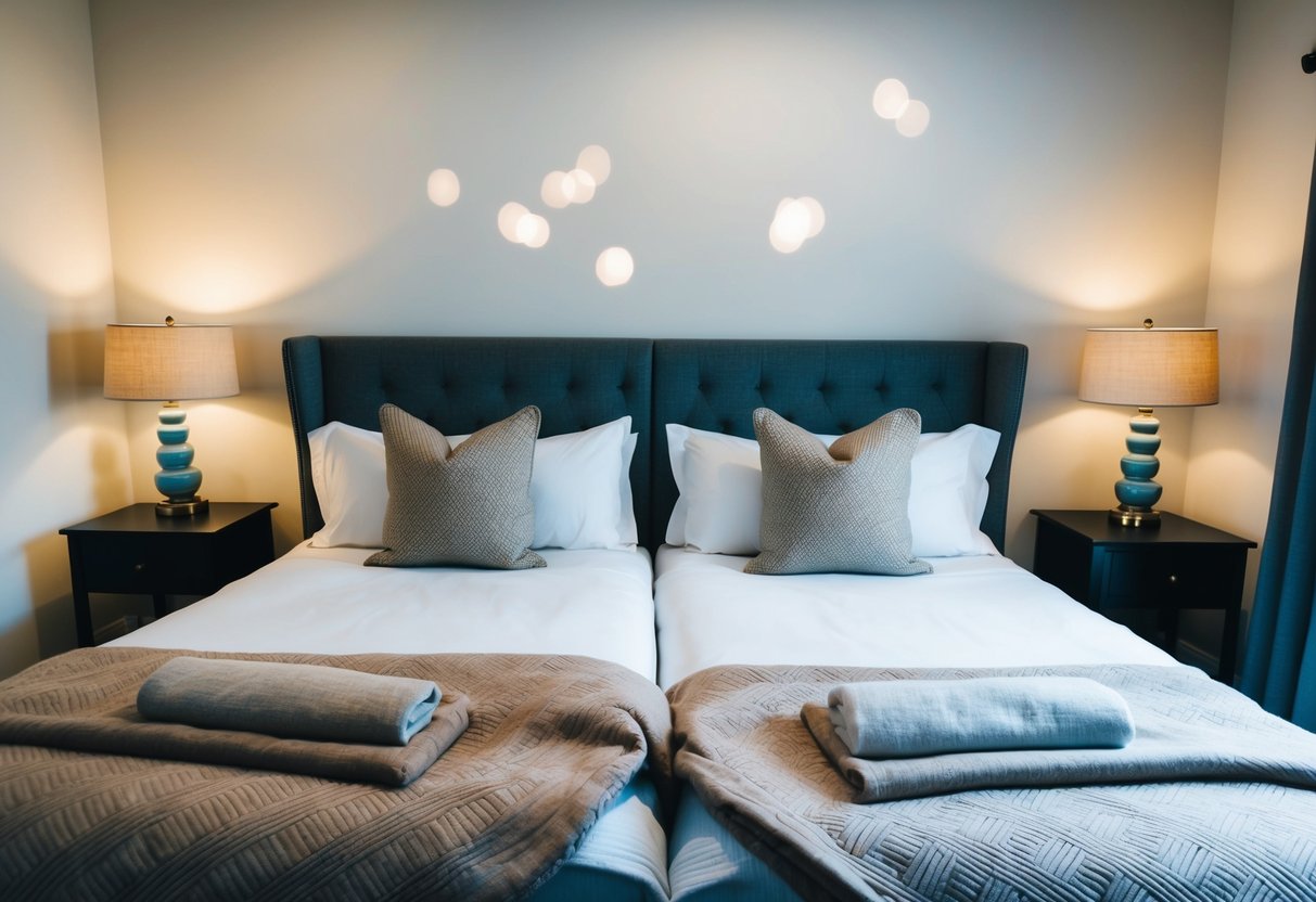 A cozy bedroom with a large bed, two pillows, and a warm blanket, with two nightstands on either side