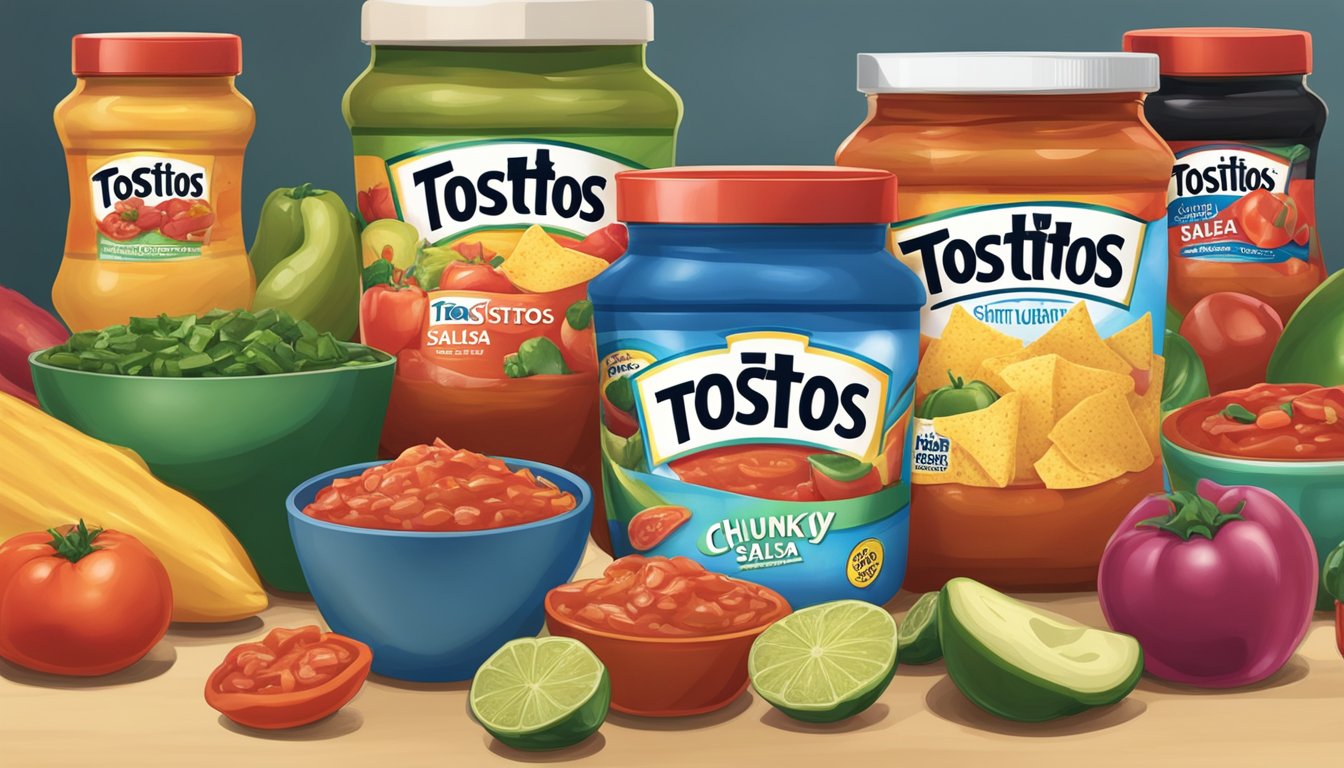 A jar of Tostitos Chunky Salsa sits on a kitchen counter, surrounded by various other salsa varieties in different containers