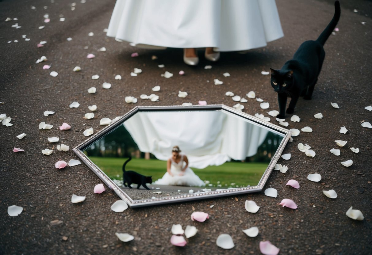 A broken mirror lies on the ground, reflecting the image of a bride in her wedding dress, surrounded by scattered rose petals and a black cat crossing her path