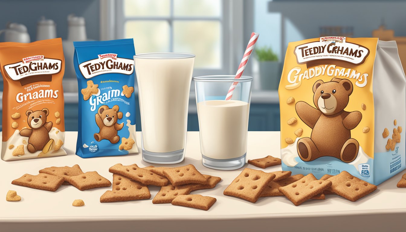 A package of Teddy Grahams sits on a kitchen counter, surrounded by a few scattered crumbs and a half-empty glass of milk