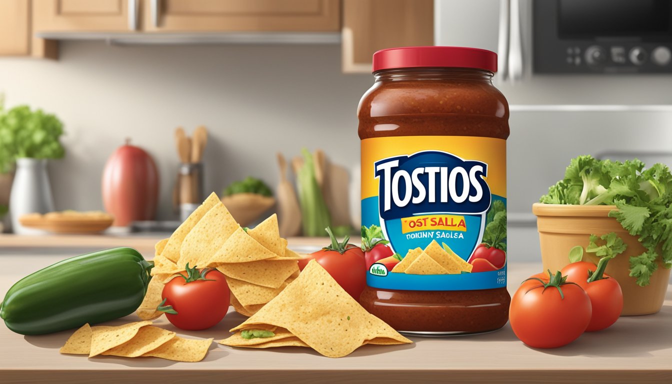 A jar of Tostitos Chunky Salsa sits on a kitchen counter, surrounded by fresh vegetables and tortilla chips. The expiration date is visible on the label