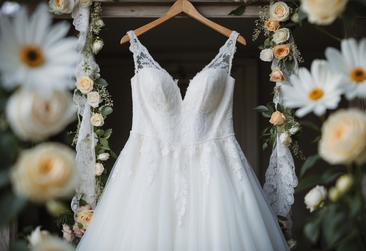 A white wedding gown hanging on a vintage wooden hanger, surrounded by delicate lace and floral details