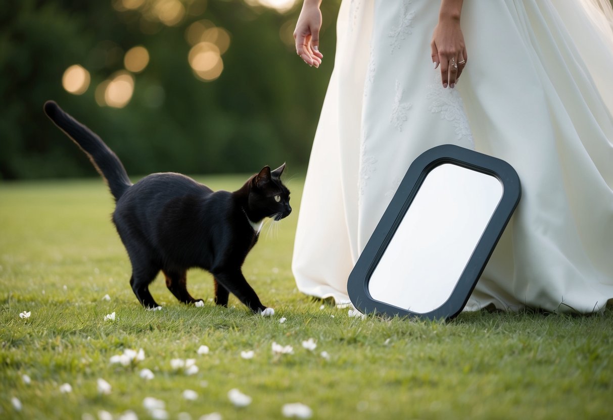 A broken mirror lies at the bride's feet, while a black cat crosses her path