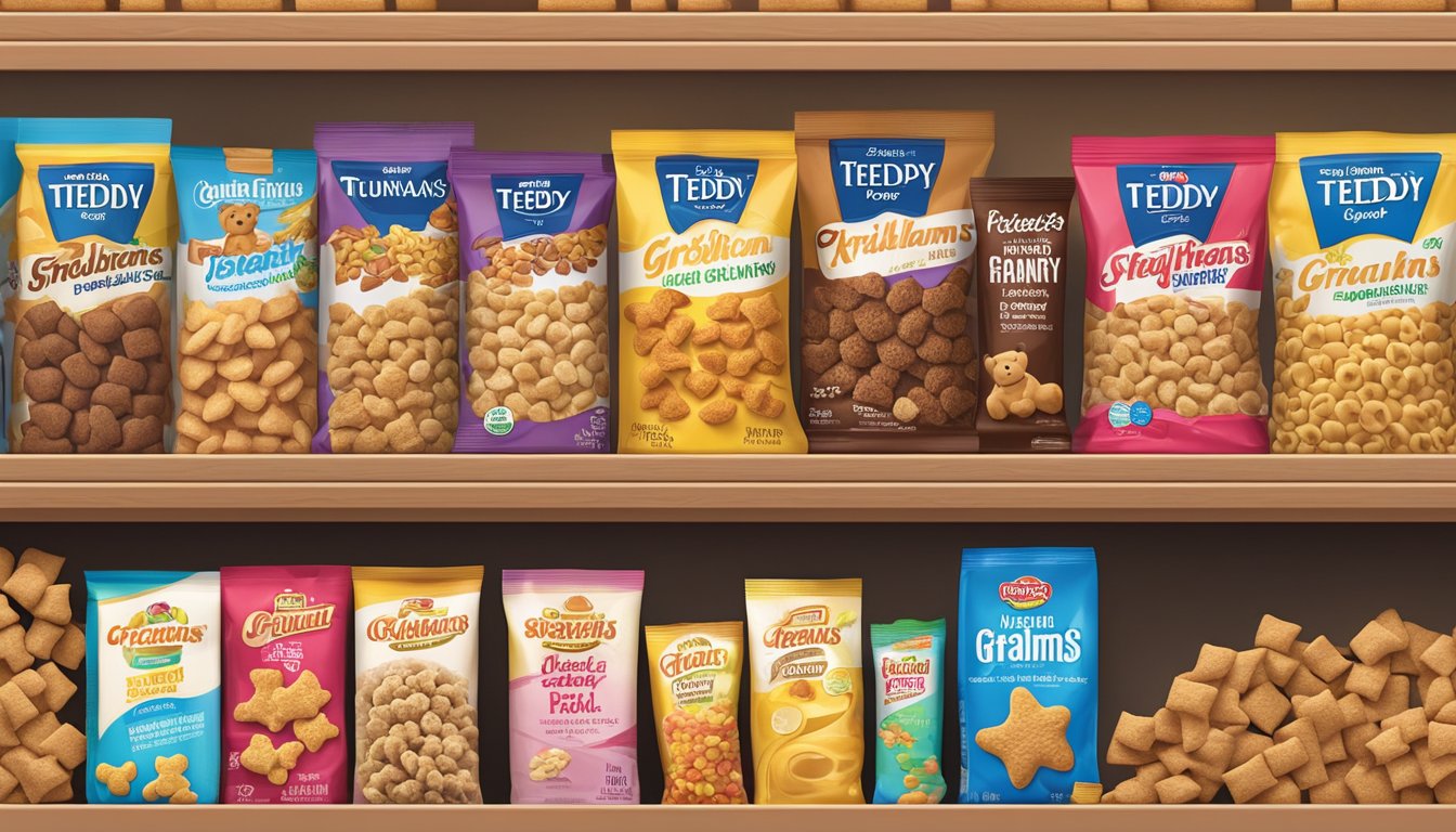 A pantry shelf with a box of Teddy Grahams sealed in airtight packaging, alongside other snacks and cereals