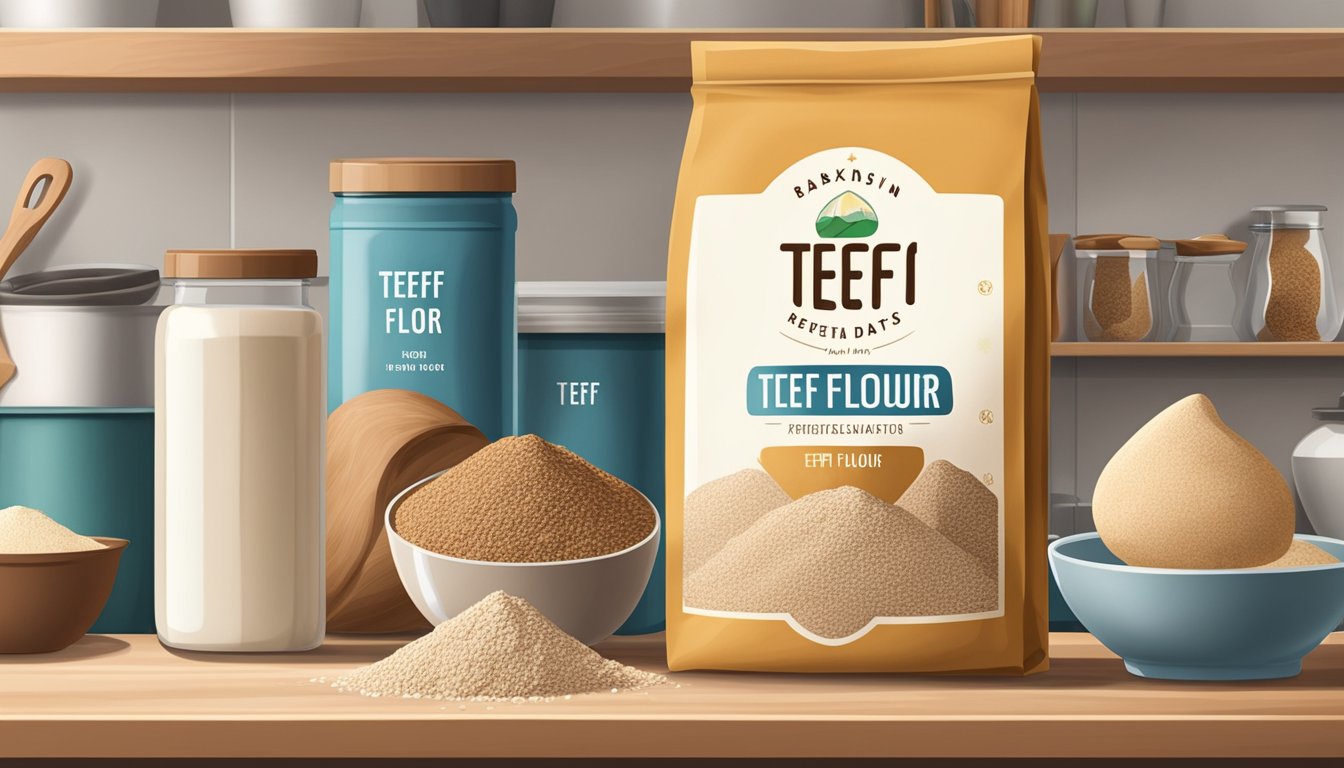 A sealed bag of teff flour sits on a kitchen shelf, surrounded by other baking ingredients. The expiration date is visible on the packaging