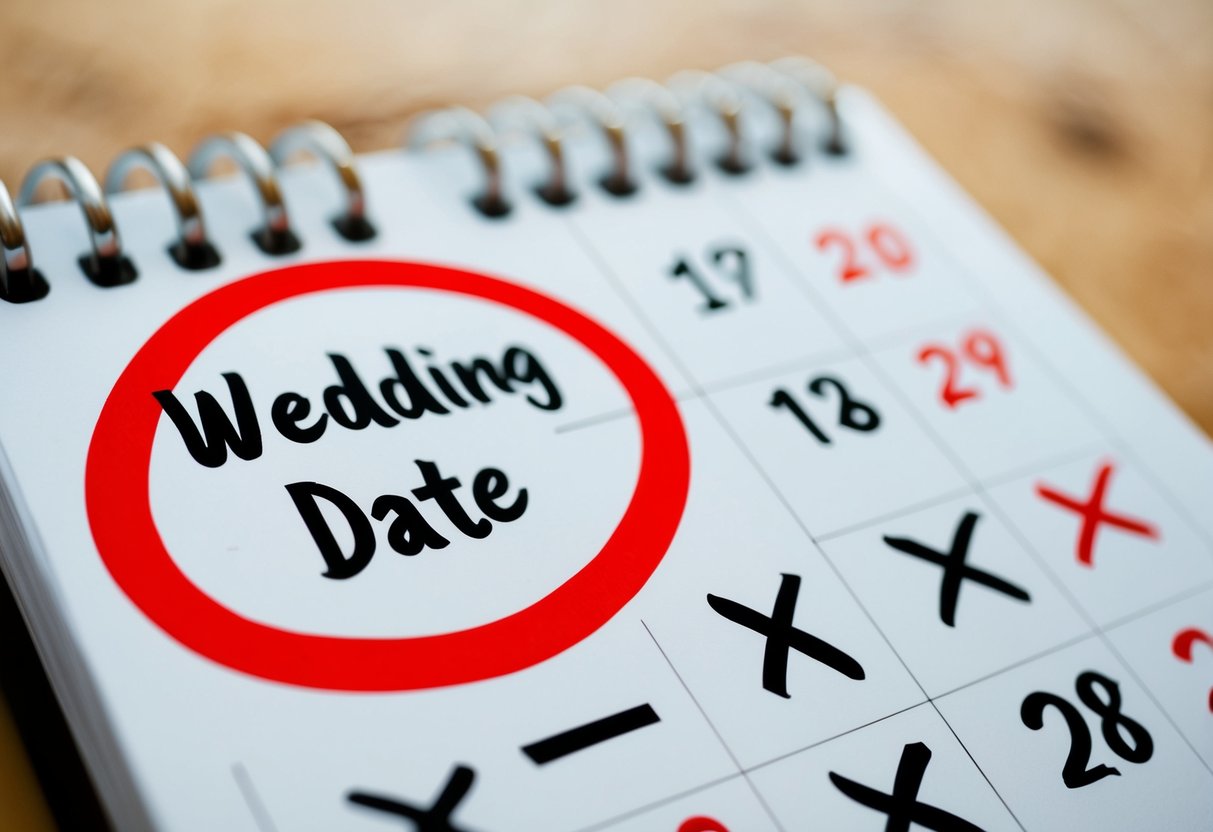 A calendar with a red circle around the wedding date and a series of X's marking off the days following
