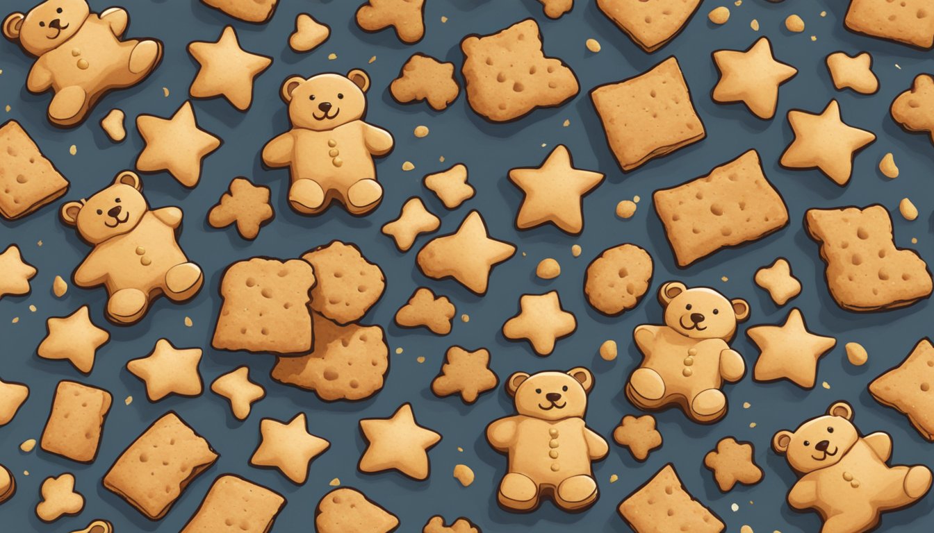 A pack of Teddy Grahams sits on a wooden table, surrounded by scattered crumbs. A few cookies are broken in half, revealing their crunchy texture