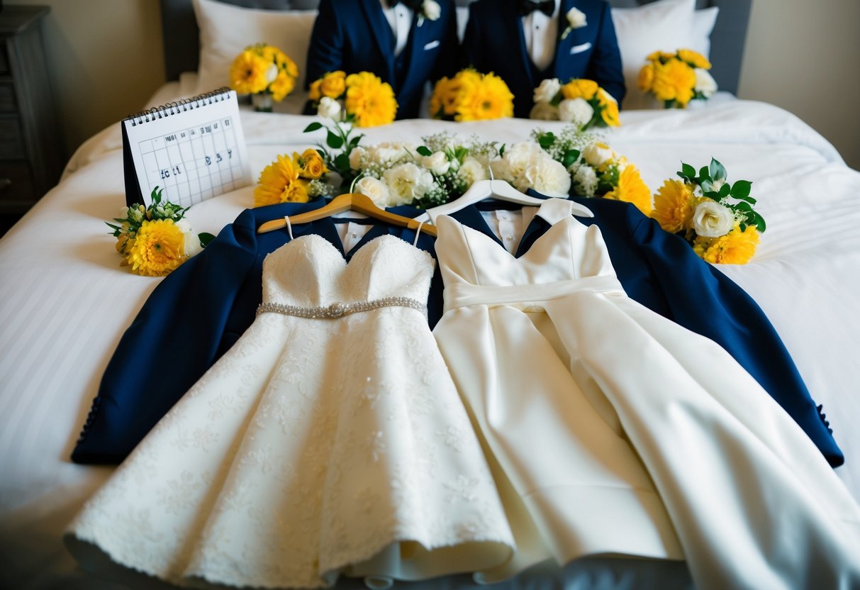 A couple's wedding attire laid out on a bed, surrounded by flowers, with a calendar showing a week of crossed-off dates
