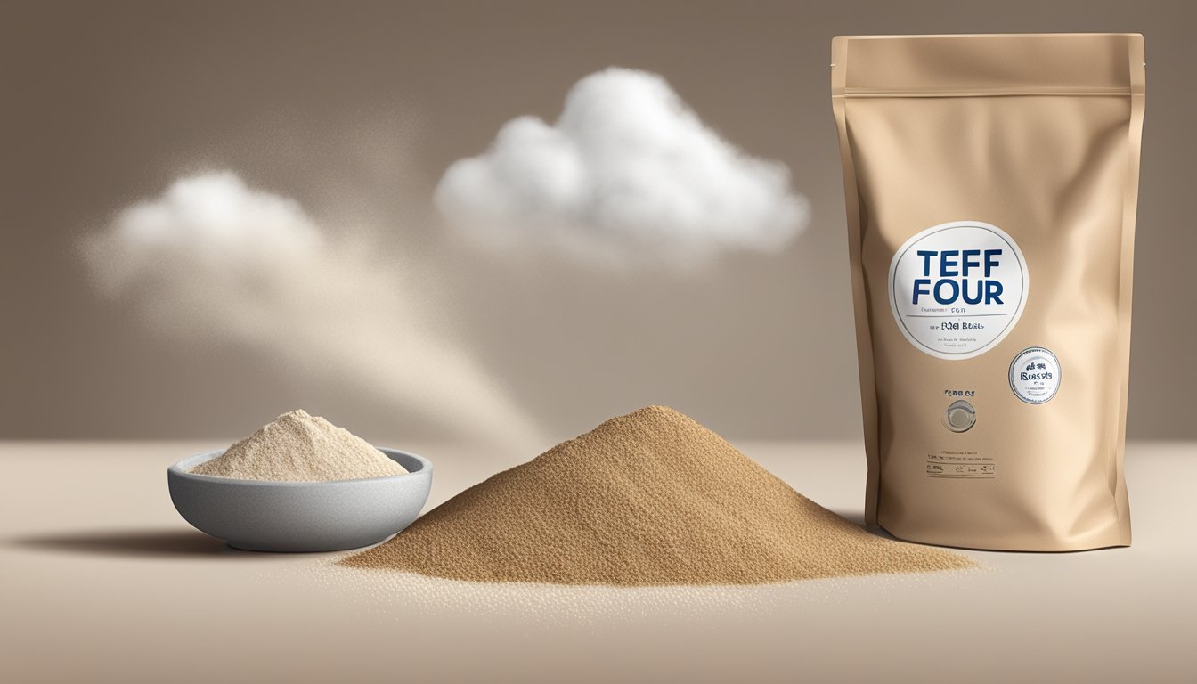 A sealed bag of teff flour on a kitchen shelf, with a best-by date clearly visible and a small cloud of flour dust in the air