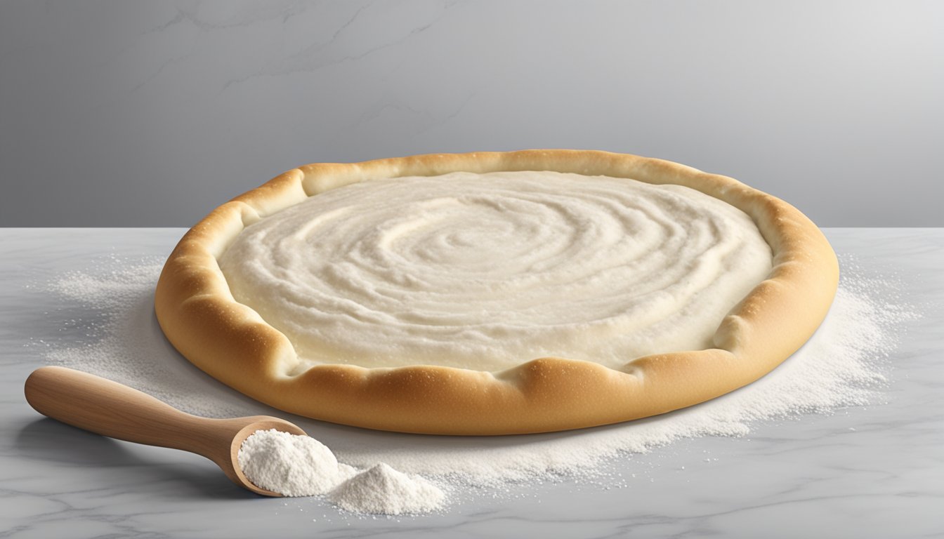 A package of Trader Joe's Plain Pizza Dough sits on a clean, marble countertop, surrounded by scattered flour and a rolling pin