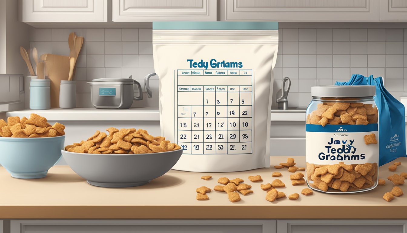 A jar of Teddy Grahams sits on a kitchen counter next to an open bag. A calendar on the wall shows the current date