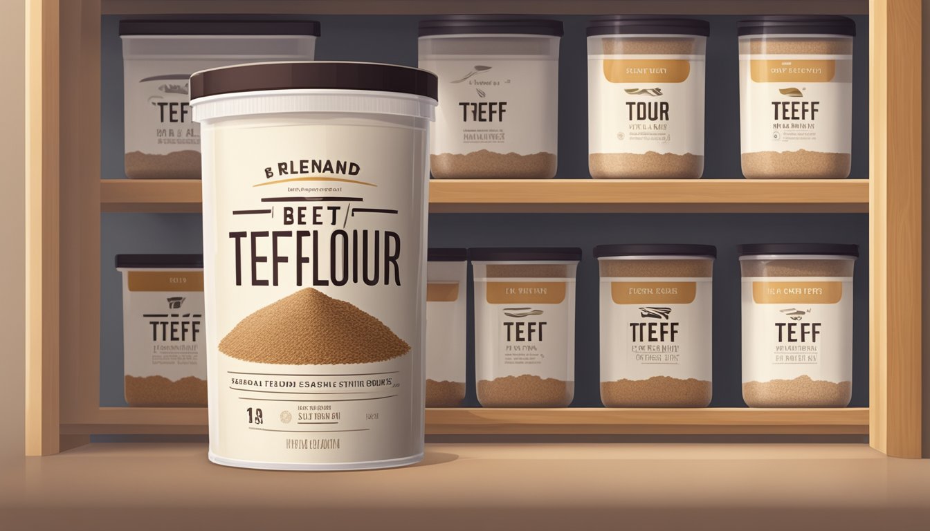 A sealed container of teff flour on a pantry shelf, with a best before date visible