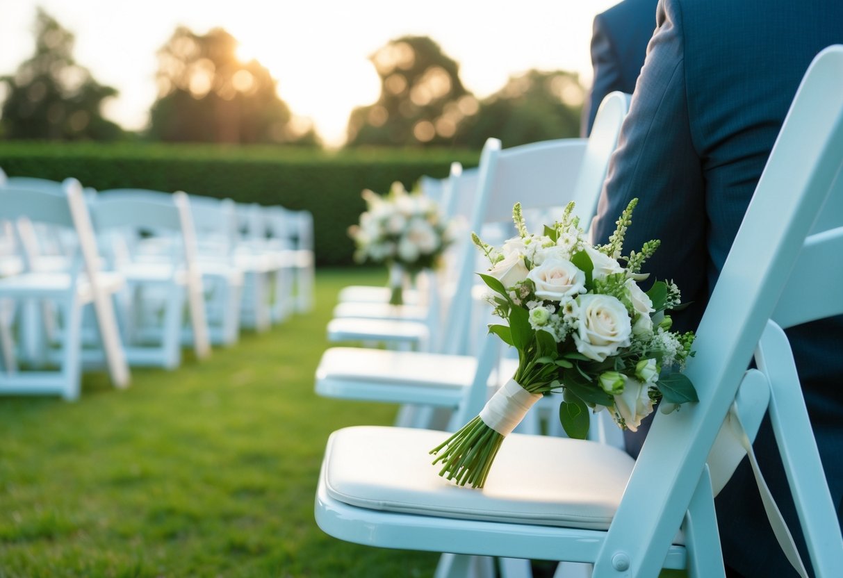 A small bouquet of flowers rests on an empty chair beside the groom at a wedding