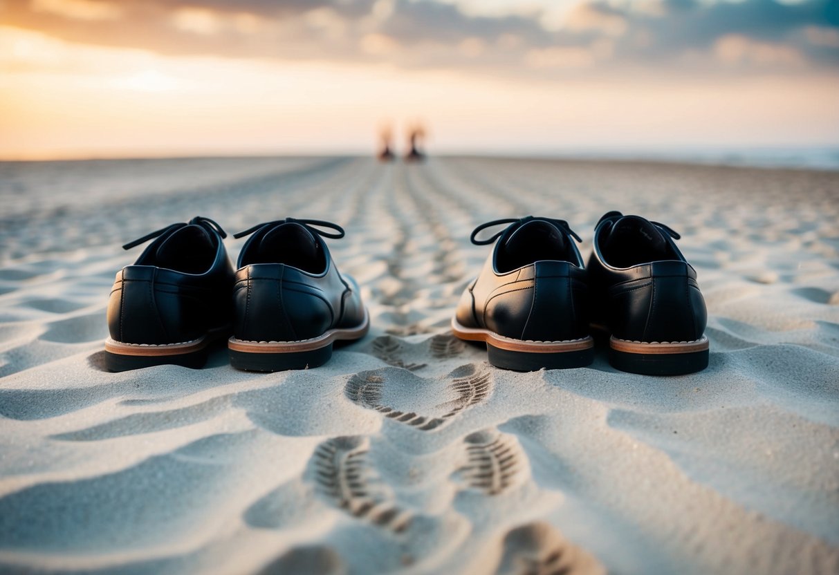 A couple's shoes side by side on a sandy beach, with a trail of footprints leading towards the horizon