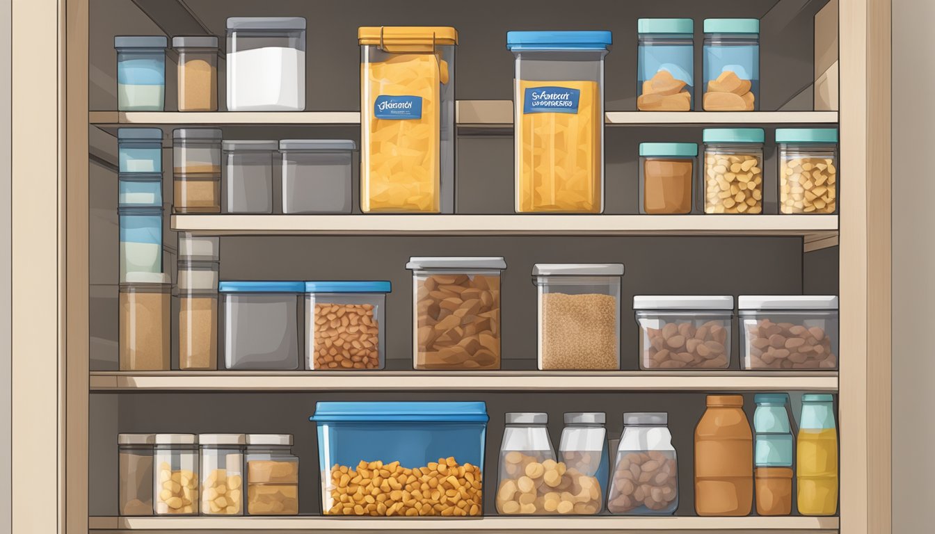 A pantry shelf with various storage containers, including a sealed jar of Teddy Grahams, a resealable bag, and a plastic container with a lid