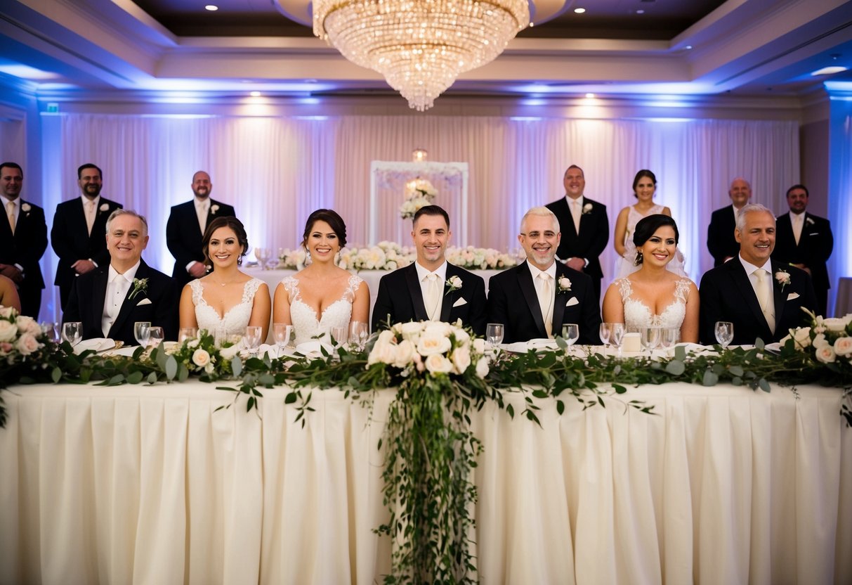 A lavish wedding reception with a grand head table. The groom's parents and best man sit next to him, while the bride's parents and maid of honor sit next to her