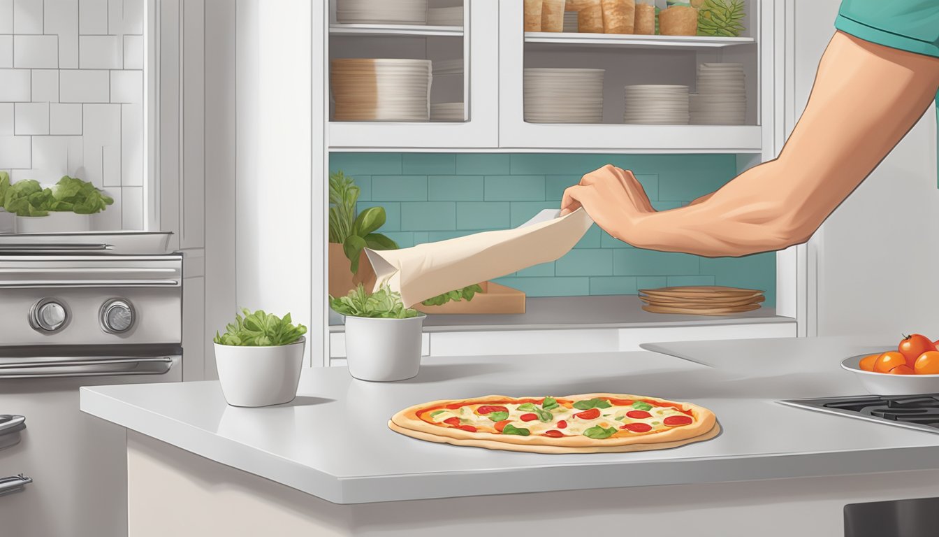 A hand reaching for a package of Trader Joe's Plain Pizza Dough, sitting on a clean, white kitchen counter