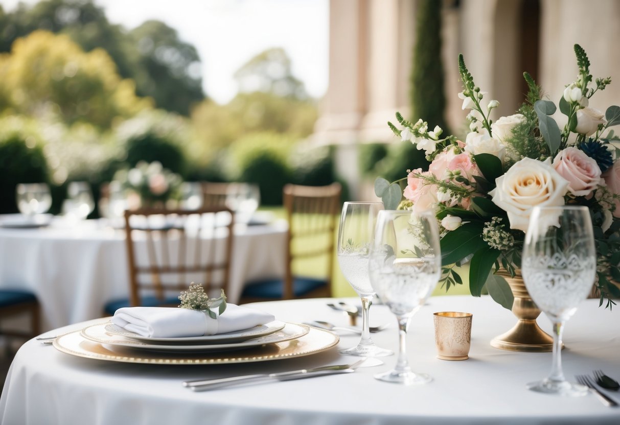 A beautifully decorated table with an empty seat next to the groom, adorned with a special place setting and elegant floral arrangements