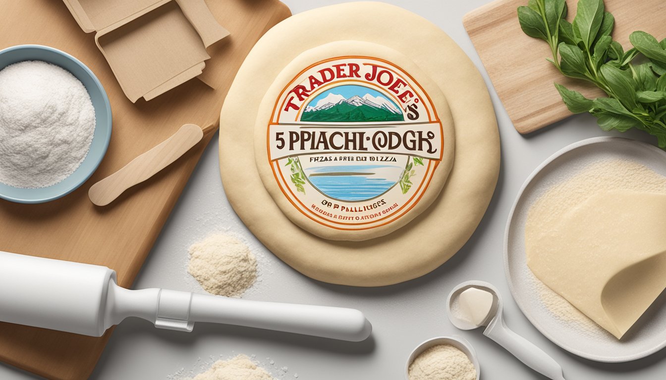 A package of Trader Joe's Plain Pizza Dough sits on a kitchen counter, surrounded by flour, a rolling pin, and a pizza cutter