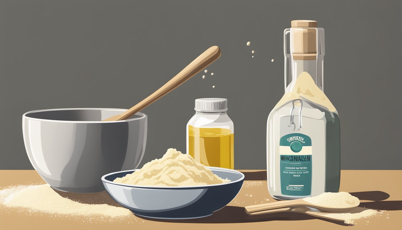 A bowl of tempura batter mix sits on a kitchen counter, surrounded by a whisk, flour, and a bottle of oil