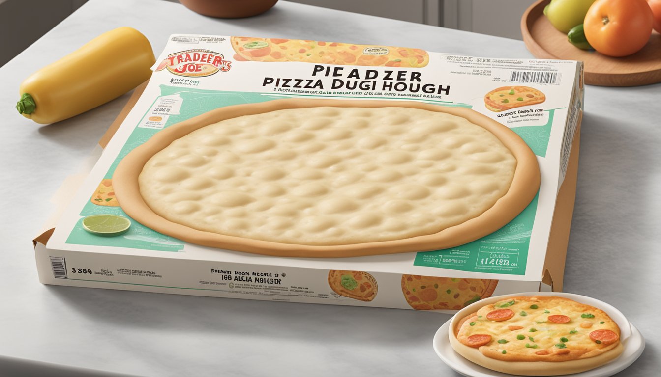 A package of Trader Joe's Plain Pizza Dough sits unopened on a clean kitchen counter, next to a calendar showing the current date