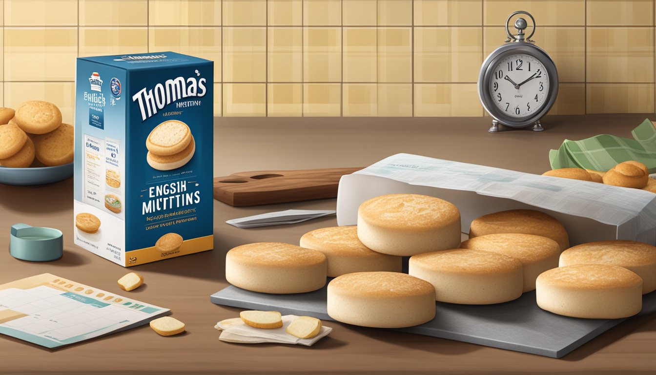 A package of Thomas' English Muffins sits on a kitchen counter, surrounded by a calendar and a clock, with a few muffins removed to show texture and freshness