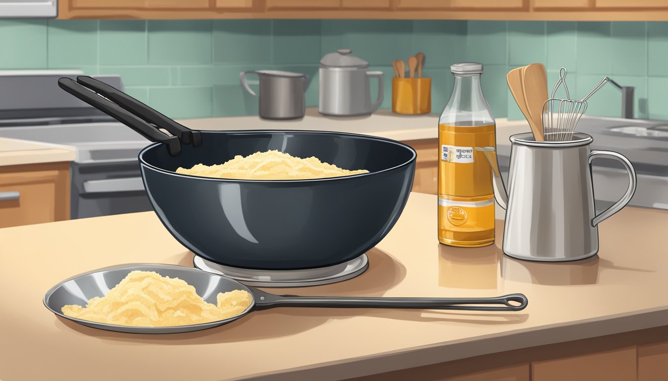 A bowl of tempura batter mix sits on a kitchen counter next to a whisk and a sifter. A frying pan sizzles on the stove, with a pair of tongs nearby