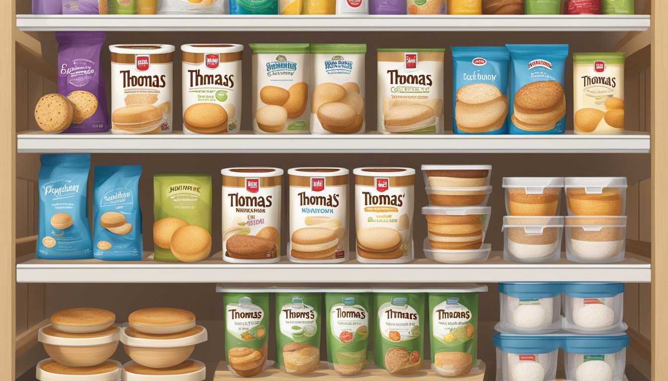 A package of Thomas' English Muffins sits on a clean, organized shelf in a pantry, surrounded by other breakfast items