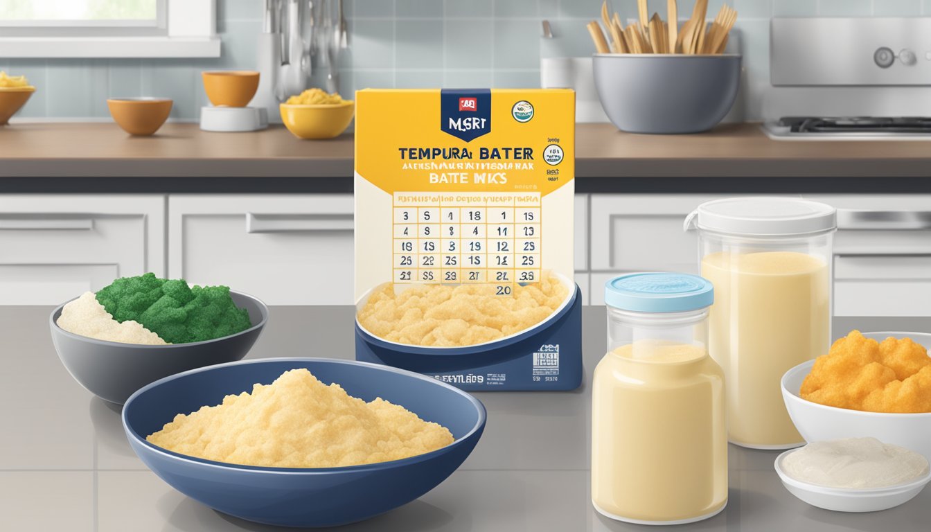 A bowl of tempura batter mix sits on a kitchen counter, next to a calendar showing the current date and an open package of the mix with an expiration date visible