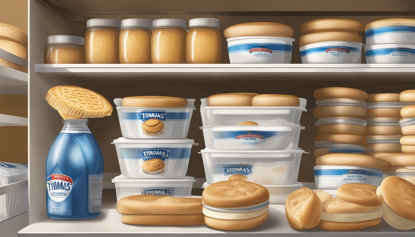 A package of Thomas' English Muffins being removed from a freezer and placed on a shelf in a pantry