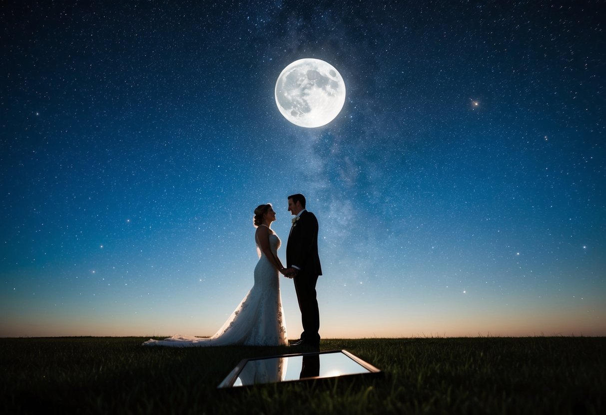 A couple stands under a starry sky, their silhouettes framed by a full moon. A broken mirror lies at their feet, reflecting the superstition of bad luck before their wedding
