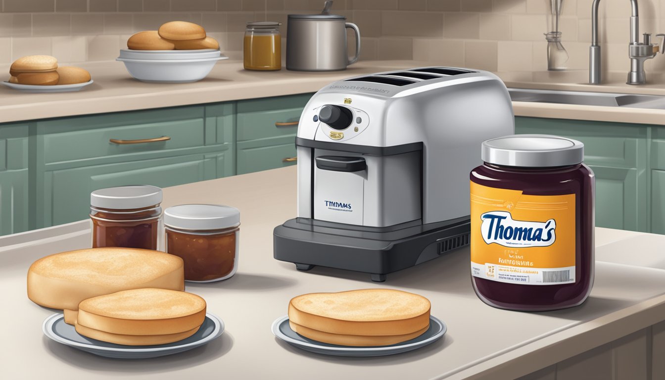 A package of Thomas' English Muffins sits on a kitchen counter, surrounded by a toaster and a jar of jam