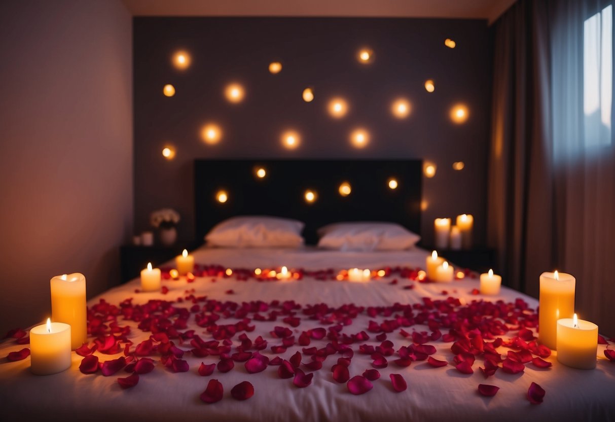 A dimly lit room with a bed adorned with rose petals and candles scattered around, casting a warm and romantic glow