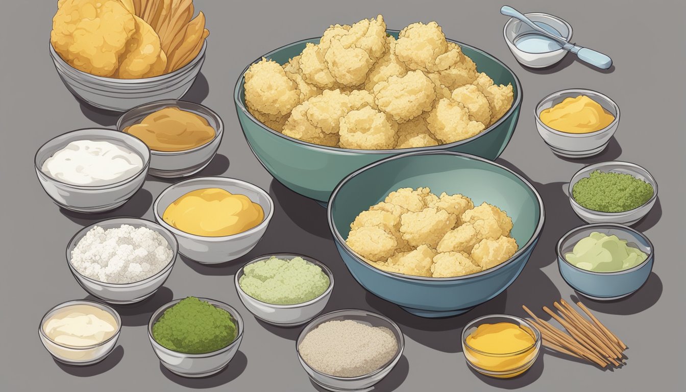 A bowl of tempura batter mix sits on a kitchen counter, surrounded by various ingredients and utensils. The batter appears lumpy and uneven, with a few air bubbles visible