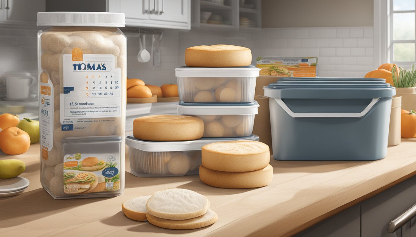 A package of Thomas' English Muffins sits on a clean, well-lit kitchen counter, surrounded by various food storage containers and a calendar indicating the current date