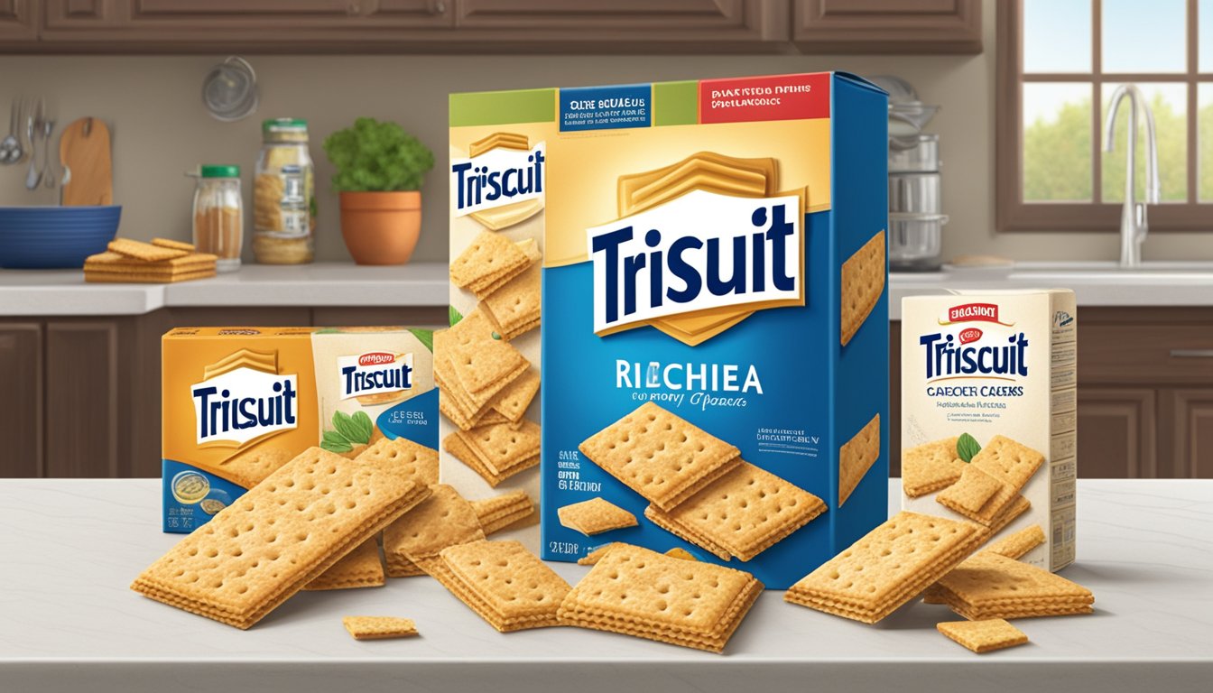 A box of Triscuit crackers sits on a kitchen countertop, surrounded by various pantry items. The box is unopened and in pristine condition