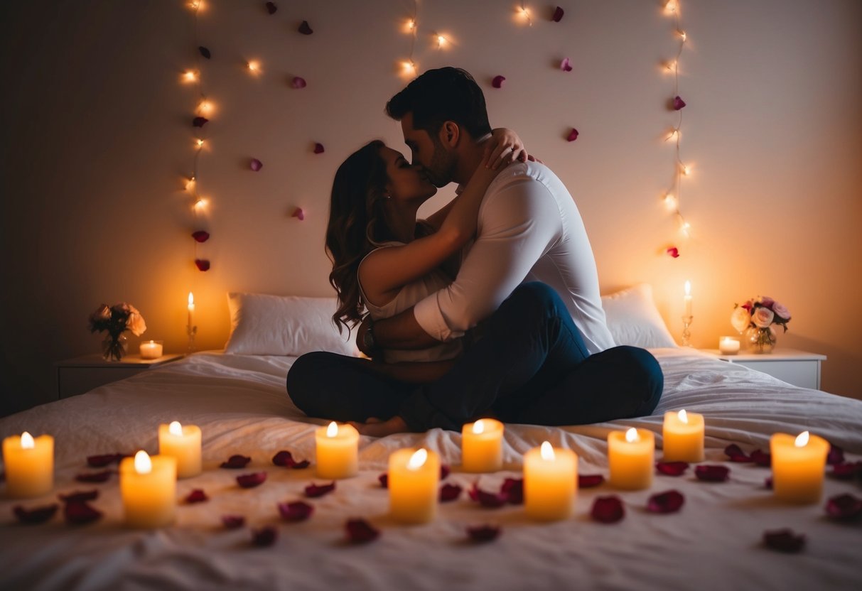 A couple embraces tenderly in a dimly lit bedroom, surrounded by scattered rose petals and flickering candlelight