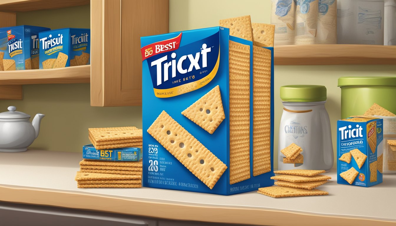 A box of Triscuit crackers sits on a kitchen shelf with a "best by" date clearly displayed. A few crackers are arranged neatly on a plate next to the box