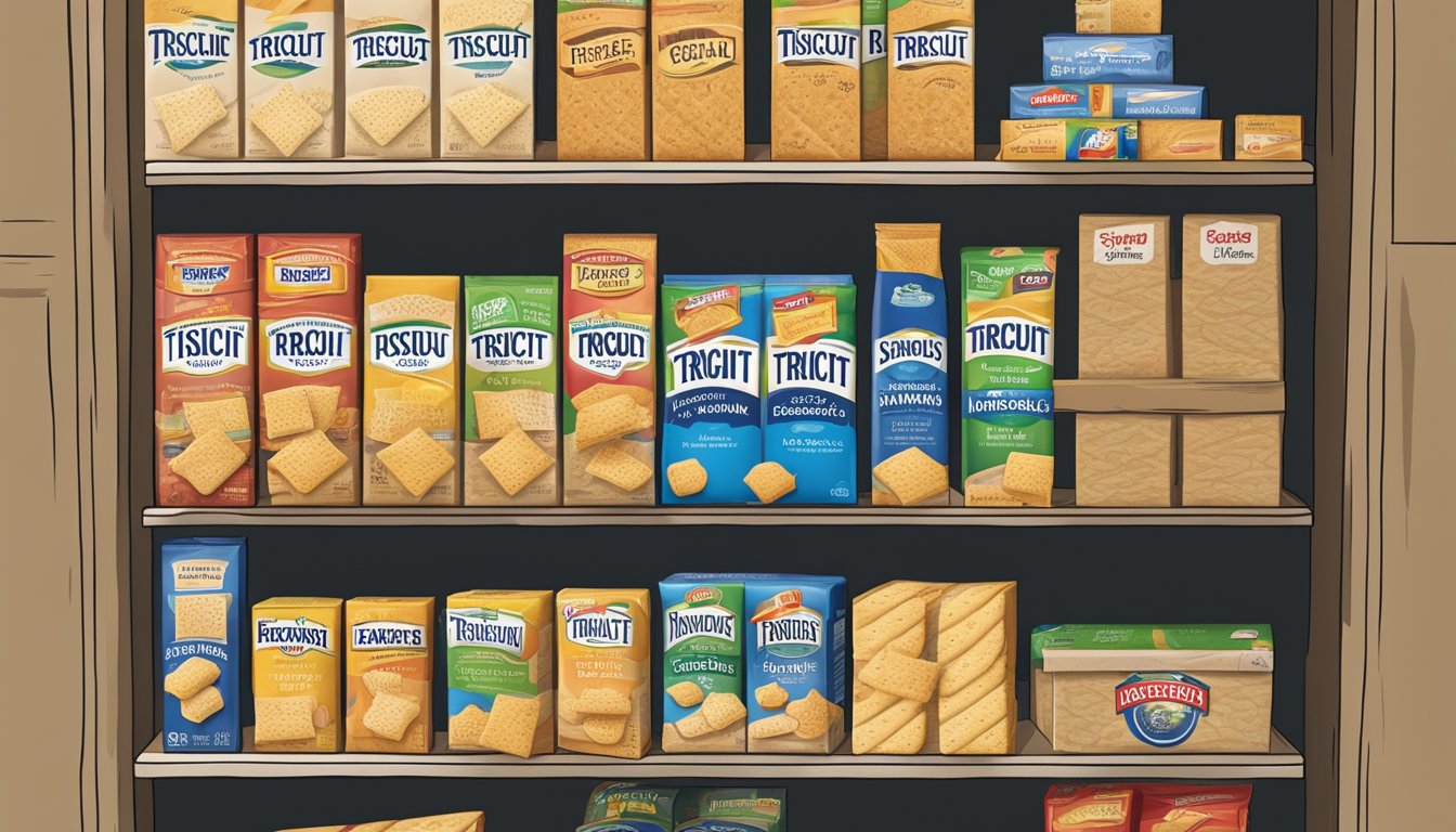 A pantry shelf with a sealed box of Triscuit crackers next to a labeled expiration date