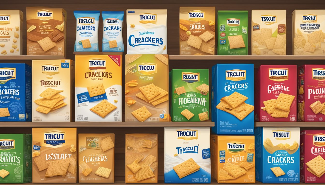 A sealed box of Triscuit crackers sits on a pantry shelf, surrounded by other snacks. The crackers are intact and show no signs of spoilage