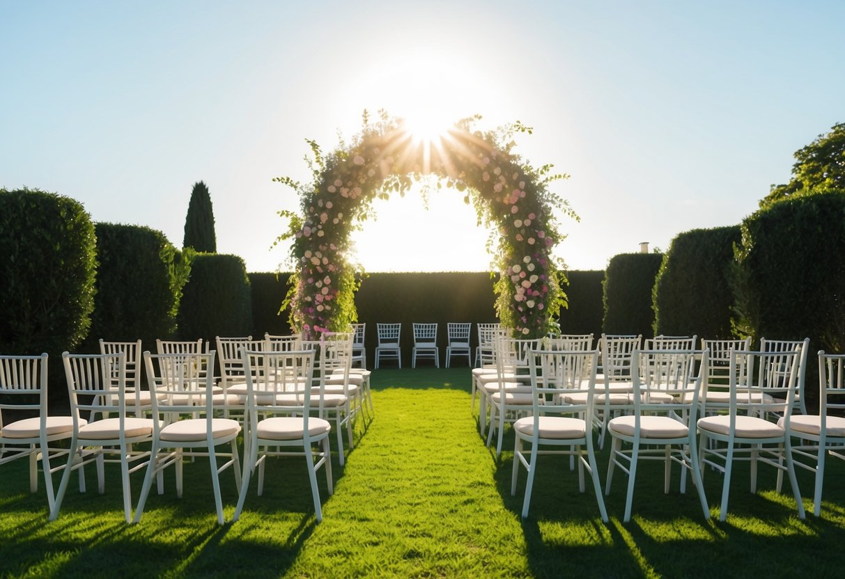 A sunlit garden with a floral arch and rows of empty chairs. The shadows are long, indicating late afternoon