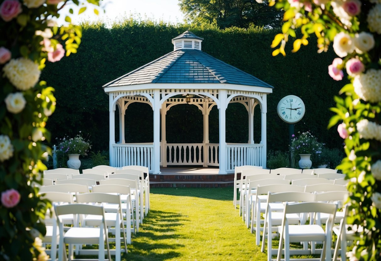 A sunlit garden with a floral arch and rows of chairs facing a gazebo. A clock on the gazebo reads 3pm