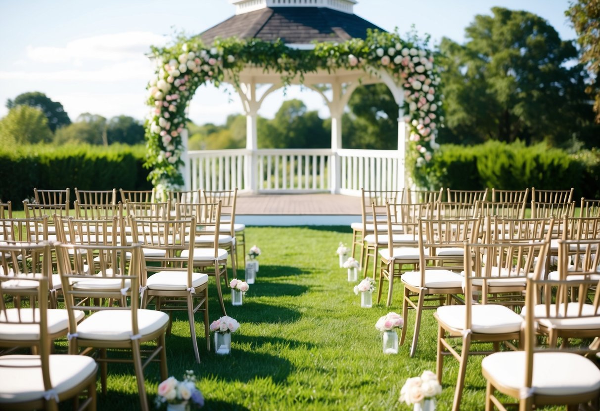 A sunny outdoor wedding setting with a floral arch and rows of chairs facing a gazebo or altar at 3pm